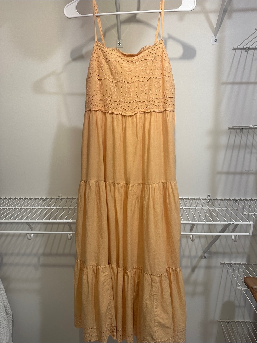 American Eagle Outfitters Peach Tiered Eyelet Spaghetti Strap Maxi Dress